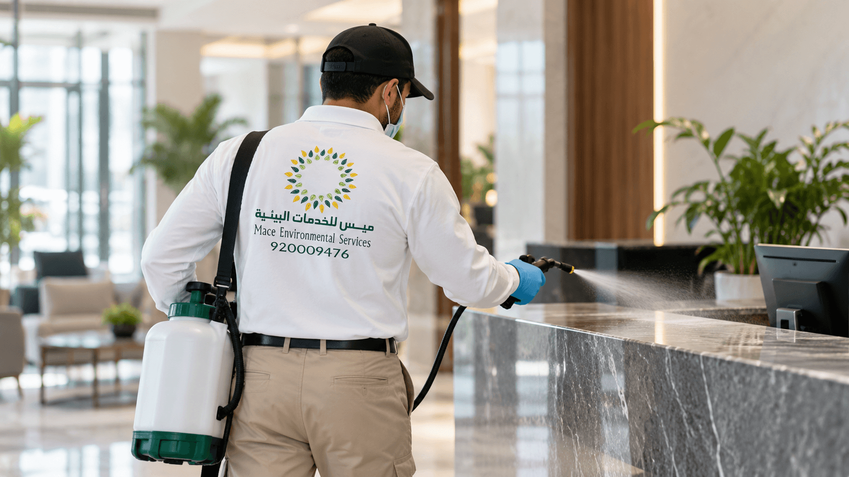 مختص بكامل معدات الوقاية يشغّل جهاز رذاذ داخل مبنى