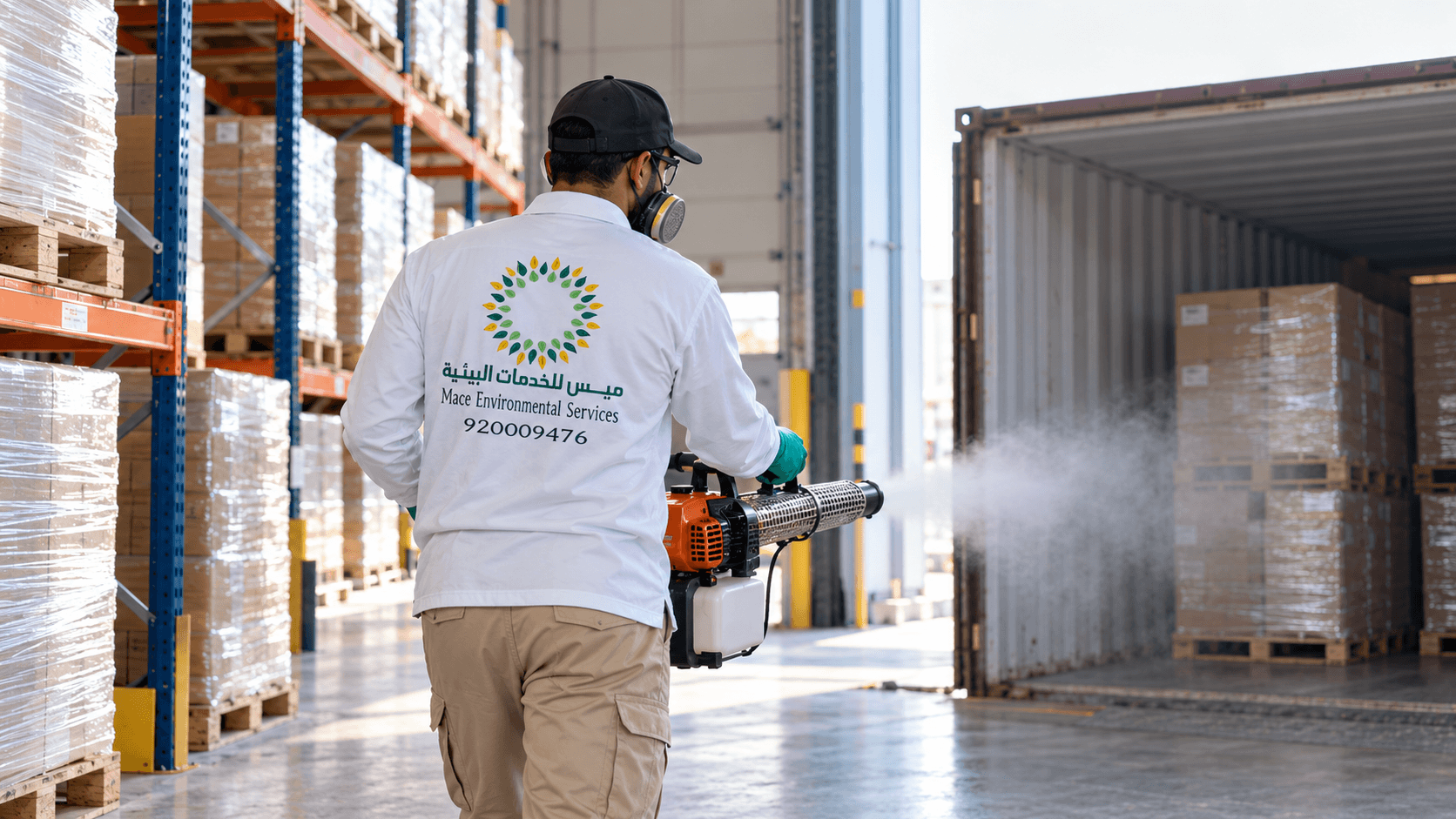 فني ينفذ معالجة في موقع خارجي بمعدات الوقاية